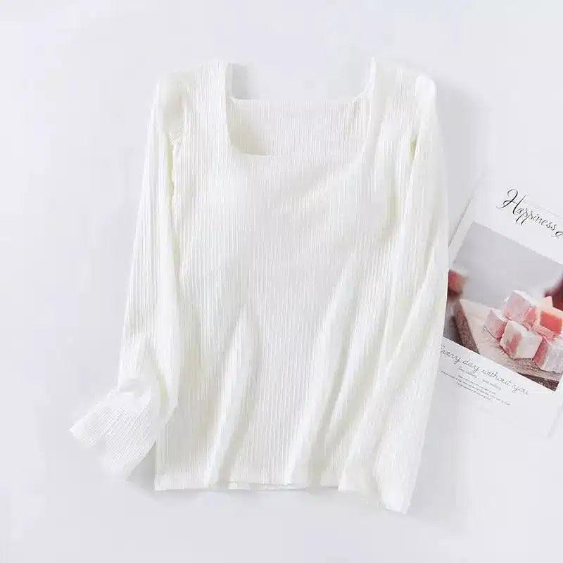 Women's Long Sleeve Square Neck Tops-White-3