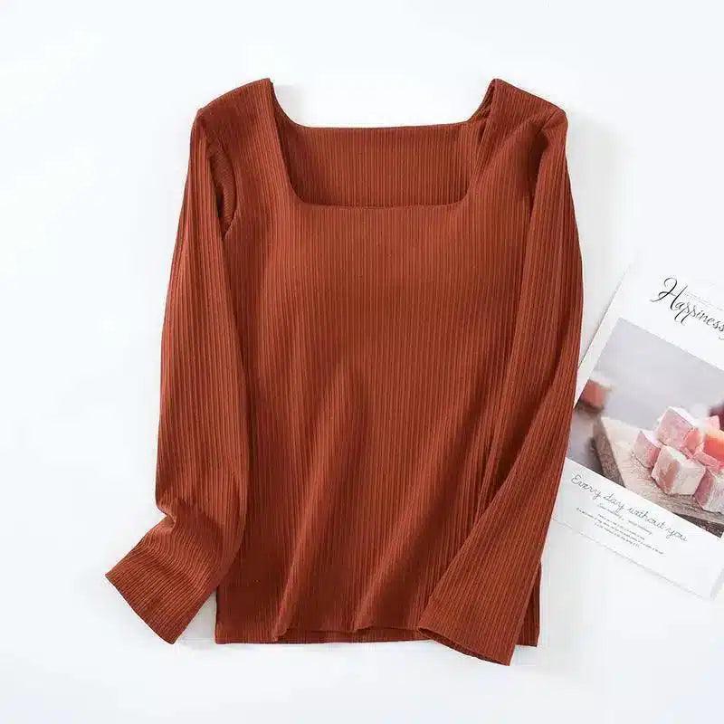 Women's Long Sleeve Square Neck Tops-Caramel-5