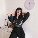 Wide-Sleeve Bird Print Women's Blouse-Black-2