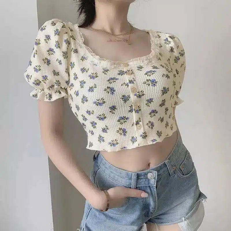 Floral Puff Sleeve Crop Top for Women-White-1