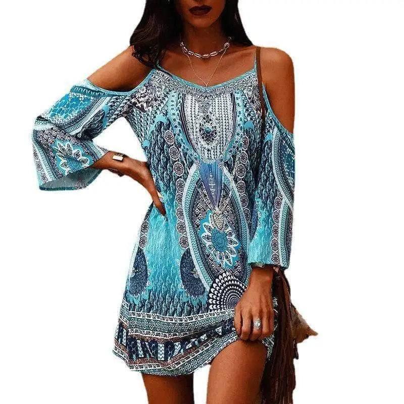 Boho Chic Off-Shoulder Mini Dress-Blue-1