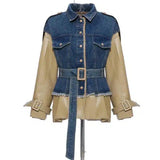 Belted Denim Jacket with Peplum Hem-Khaki-1