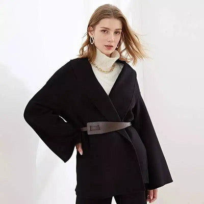 Double sided cashmere coat with wool belt-Black-1