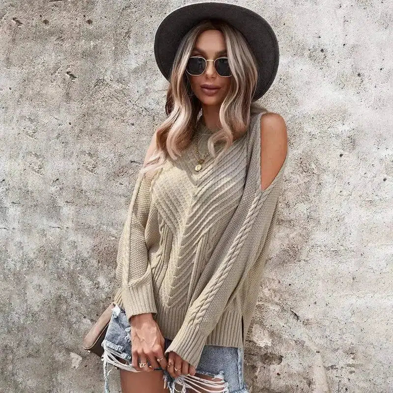 Dust My Shoulder Knitted Top-Khaki-1