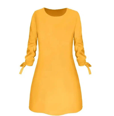 European and American solid color dress casual O-neck dress-Yellow-20