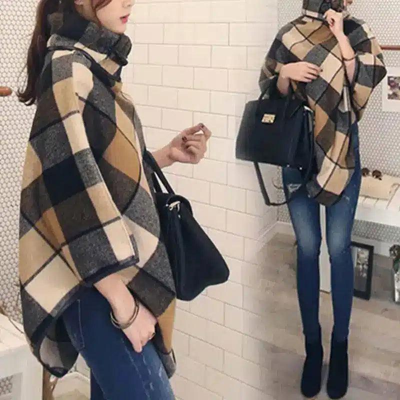 Fashion All-Match Women's Plaid Shawl Woolen Coat-1