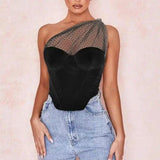 One-Shoulder Mesh Bodysuit Top-Black-1