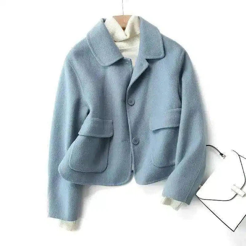 Fashion Pure Color Woolen Coat Women Short-Lake blue-4