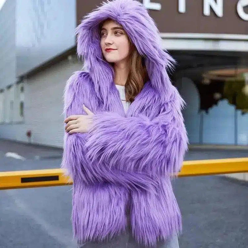 Faux Fur Washed Wool Long Hair Coat Women's Short Plush-Light Purple-1