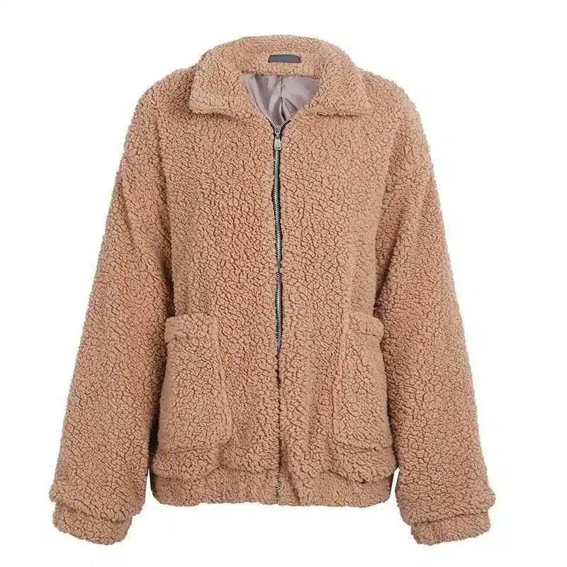 Faux lambswool oversized jacket coat Winter black warm-Khaki-5