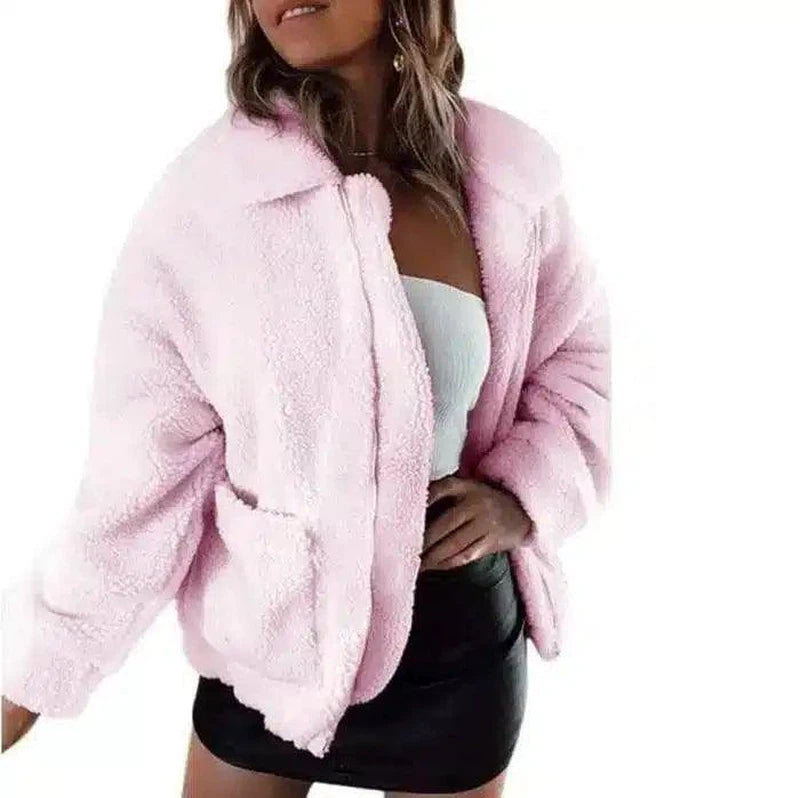 Faux lambswool oversized jacket coat Winter black warm-Pink-9