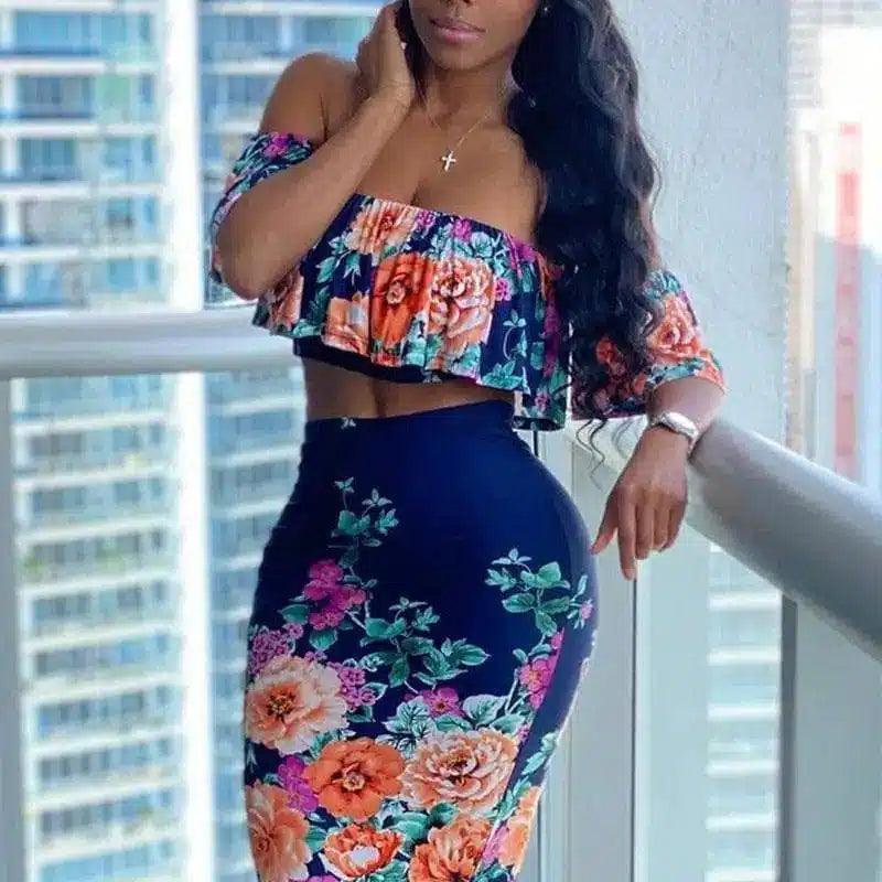 Floral Off-Shoulder Crop Top & Pencil Skirt Set-Blue-2