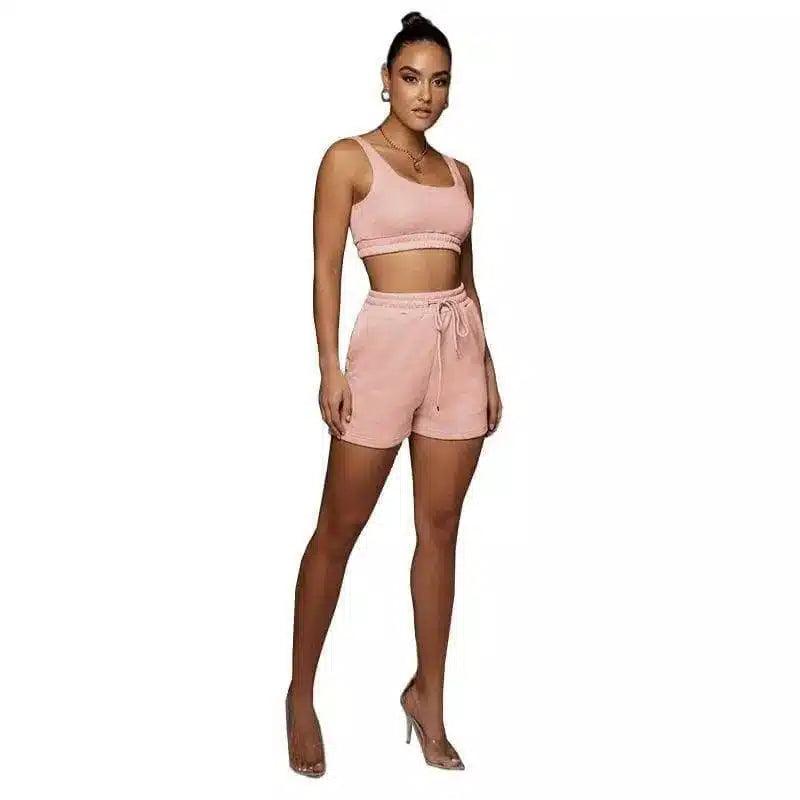 Women's Crop Top and Shorts Set-Pink-7