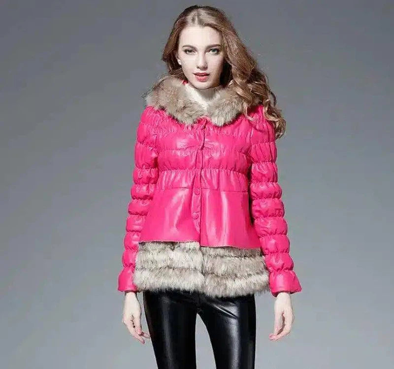 Haining fur coat female Slim PU leather hooded raccoon-Pink-1