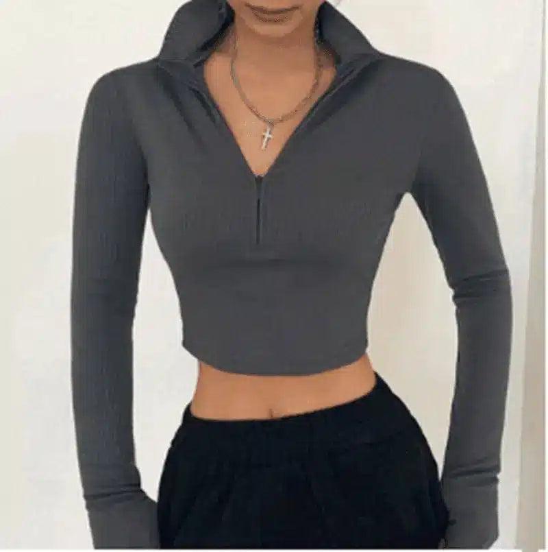 LOVEMI - Lovemi - Half-Zip Long-Sleeve Ribbed Crop Top