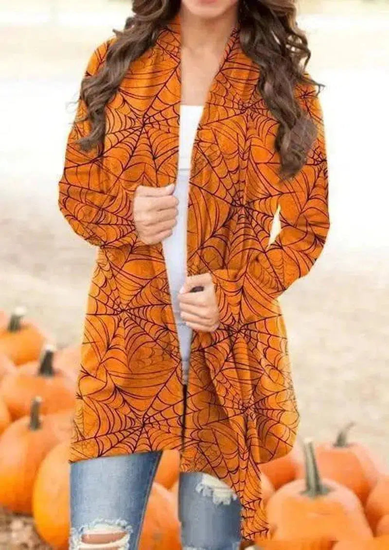 Halloween Digital Printing Casual Cardigan Jacket Women-Yellow bottom spider web-7