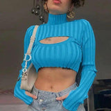 Striped Long Sleeve Crop Top with Cut-Out-Blue-2