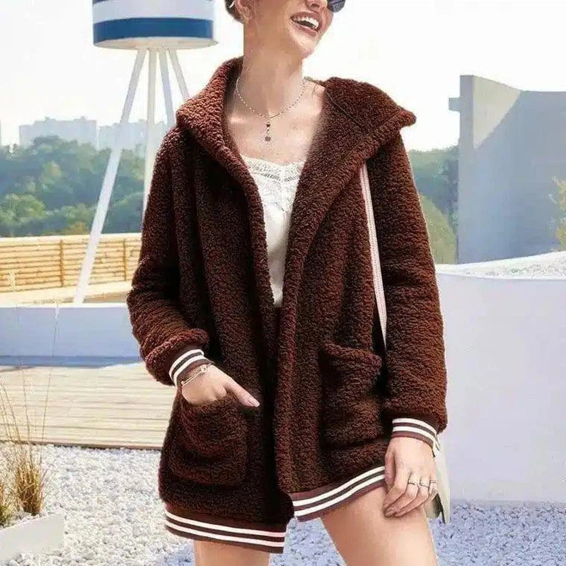 Hooded thick plush coat-Brown-5