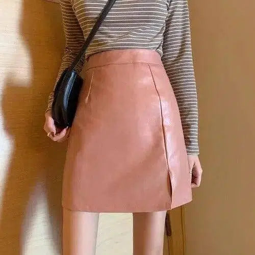 HOT Fashion Women Shiny Leather Skirts Female Solid Bodycon-Pink-14