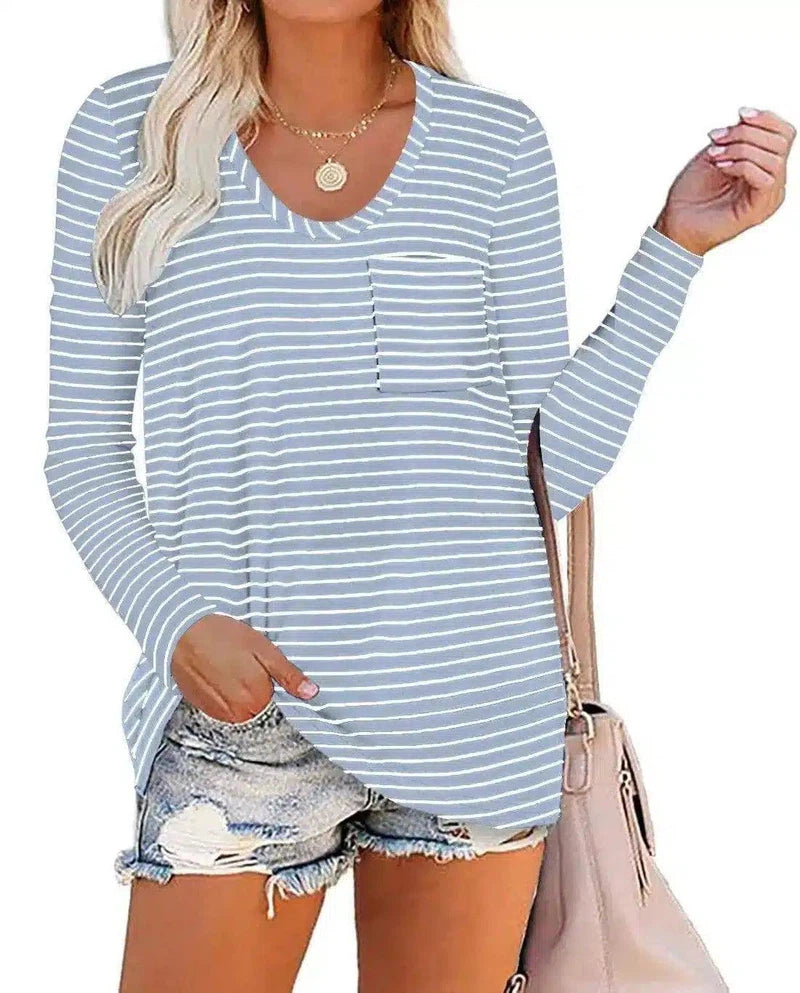 Women's Striped Long Sleeve T-Shirt with Pocket-Light Blue-6