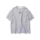 Striped Crew Neck Cotton T-Shirt with Embroidery-White-1