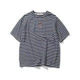 Striped Crew Neck Cotton T-Shirt with Embroidery-Black-2