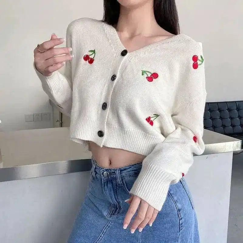 LOVEMI - Lovemi - Knit Sweater Women Cherry Embroidery All-match