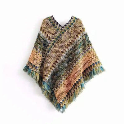 Knitted fringed shawl coat-Green-2