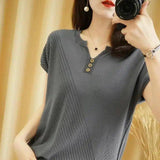 Women's Short Sleeve Knit Top with Button Detail-Grey-4