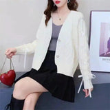 Women's Knit Cardigan with Tie Sleeves-White-2