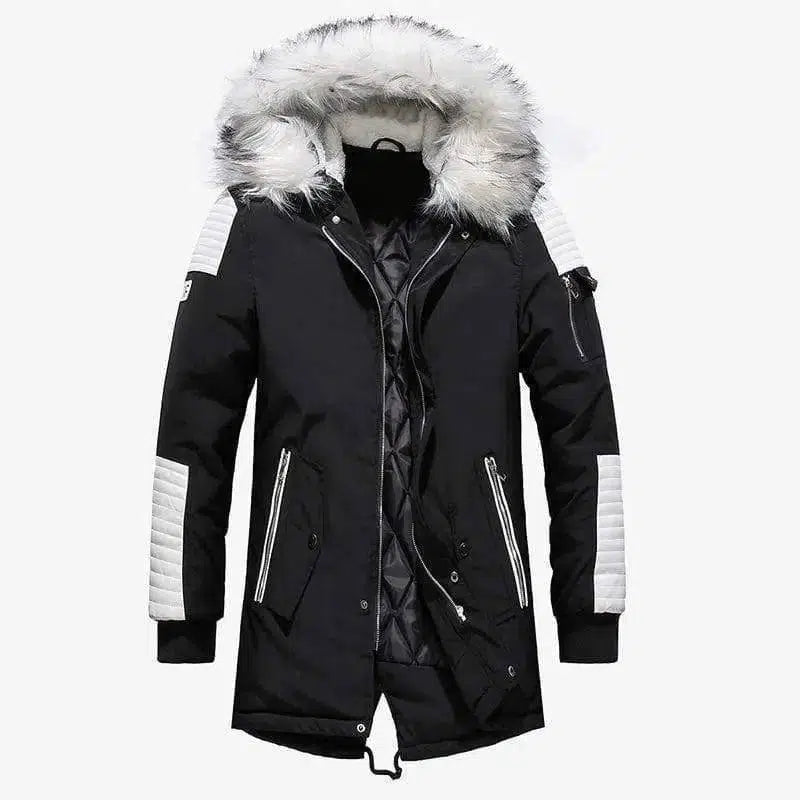 Large fur collar men's long cotton coat thick men's long-Black matching white-4