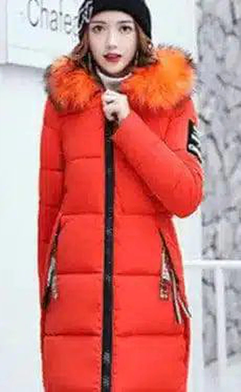 Women's Hooded Puffer Jacket with Faux Fur Trim-Orange-5