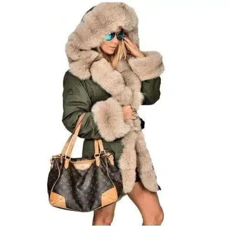 Large fur collar warm coat long hooded coat cotton coat-Green-5