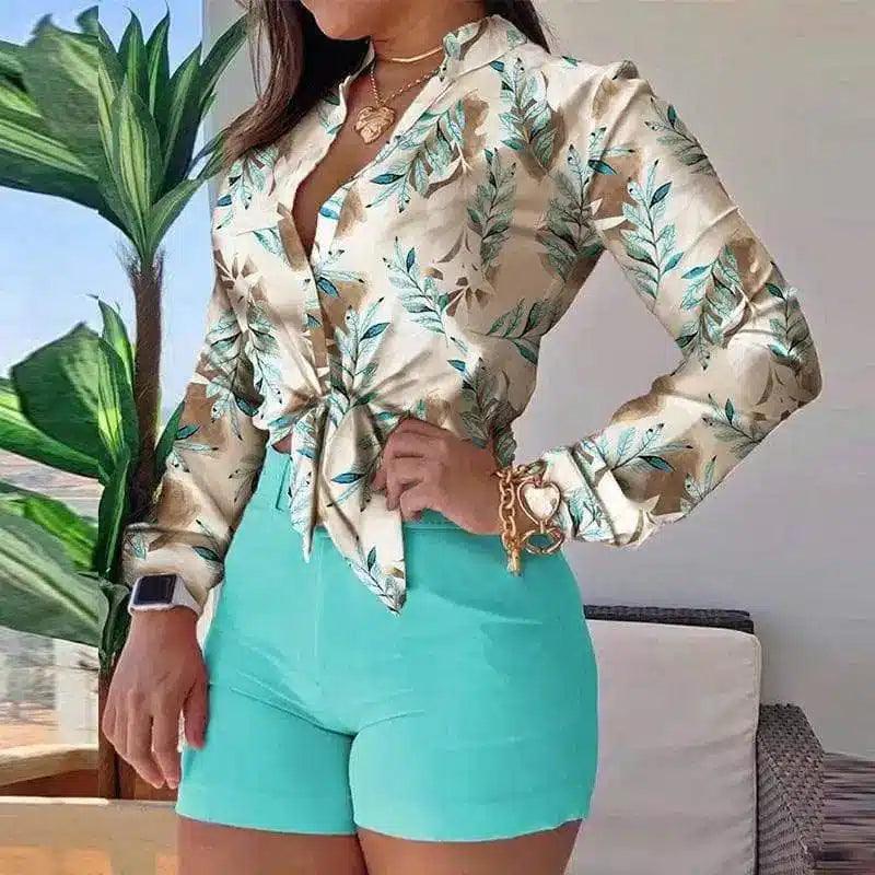 Floral Tie-Front Blouse & Fitted Shorts Set-Cyan-1