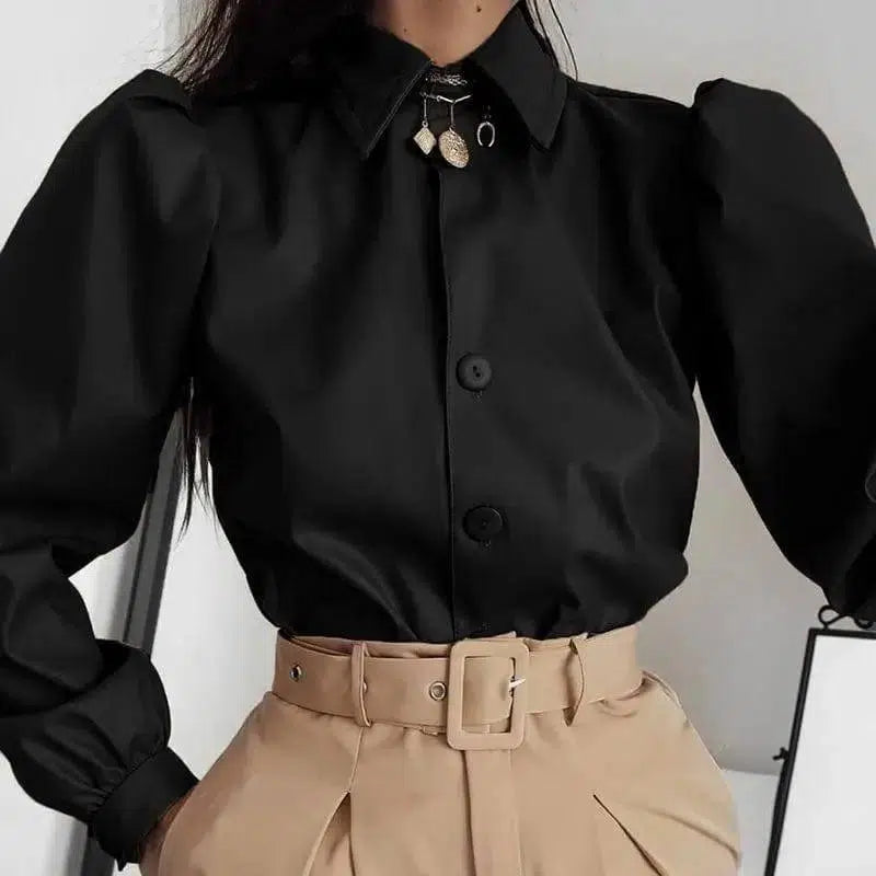 Long Puff Sleeve Turn Down Collar Women Leather Shirt-Black-7