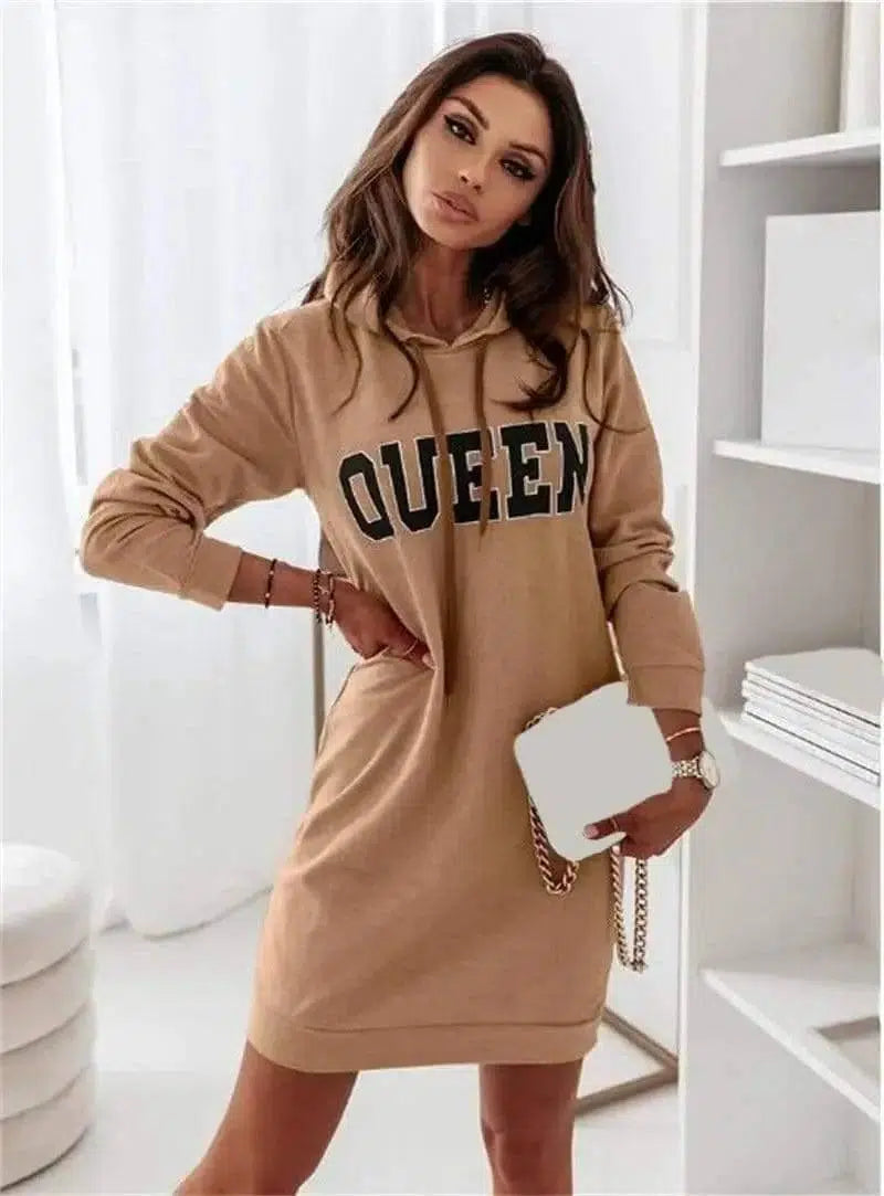 Long Sleeve Hooded Letter Sports Casual Dress-Khaki-2