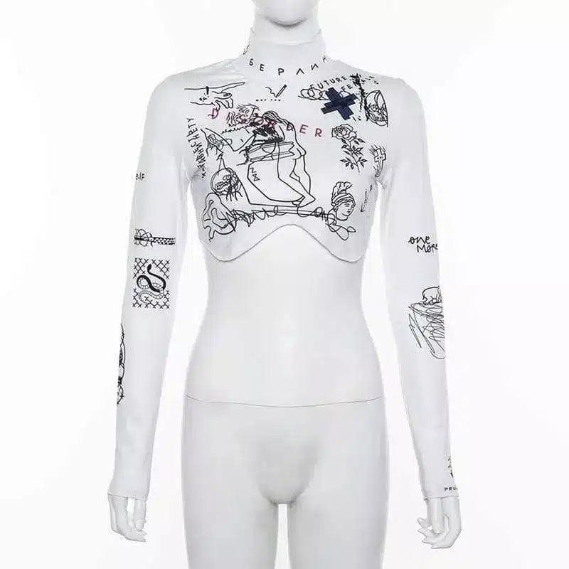 Tattoo Print Long Sleeve Bodysuit for Layering-White-1