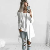 Women's Long Sleeve Cardigan & Ripped Jeans-White-2