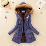 Long Women's Cotton-Padded Jacket With Wool Collar-Sapphire-14