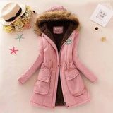 Long Women's Cotton-Padded Jacket With Wool Collar-Pink-2