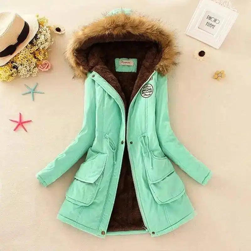 Long Women's Cotton-Padded Jacket With Wool Collar-Green-5