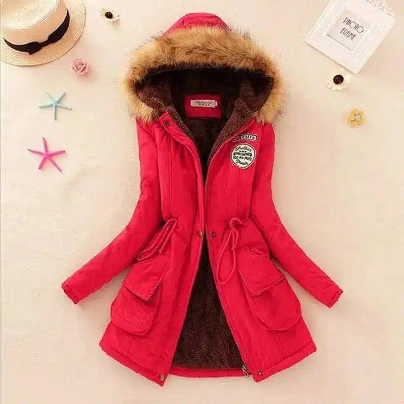 Long Women's Cotton-Padded Jacket With Wool Collar-Red-7