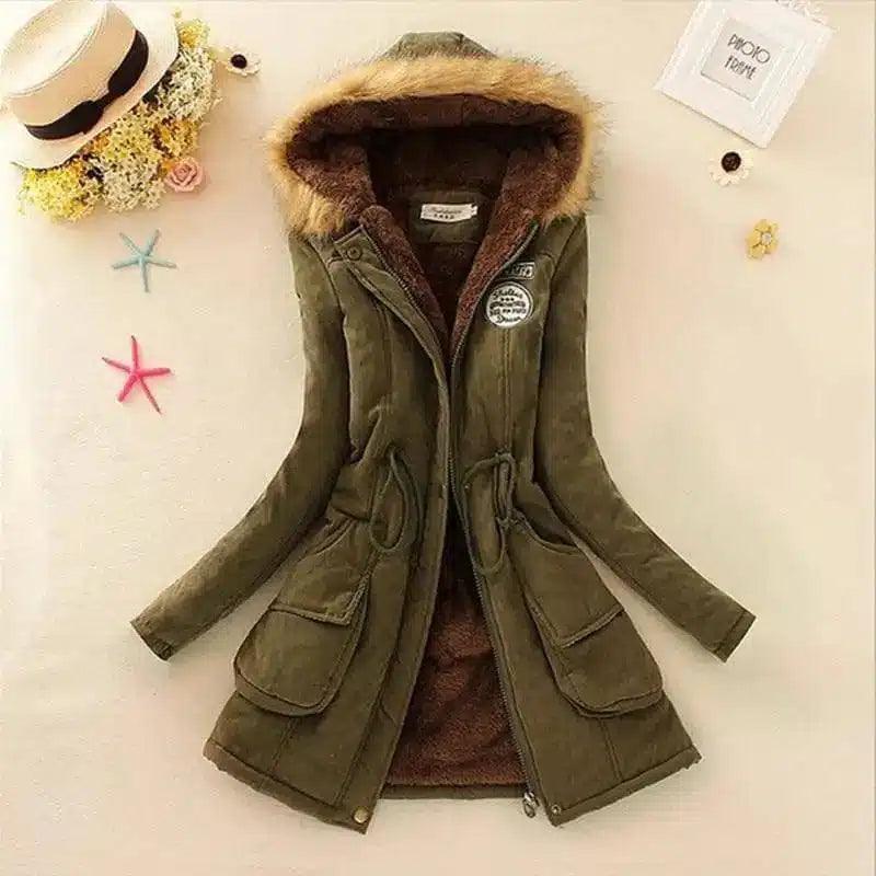 Long Women's Cotton-Padded Jacket With Wool Collar-Army Green-8