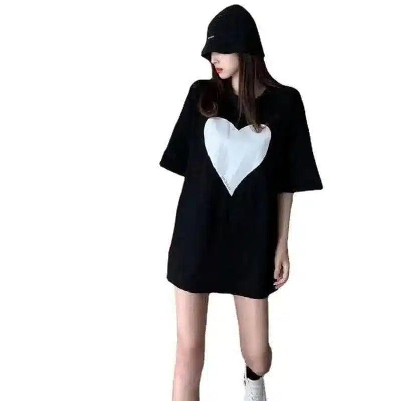 Hooded T-Shirt Dress with Heart Design-1