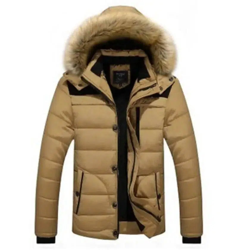 Men's fur collar hooded cotton jacket-Khaki-4