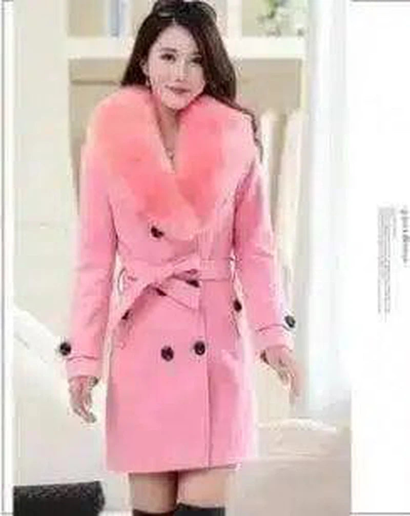 Mid-length Winter Coat With Woolen Collar And-Pink-2