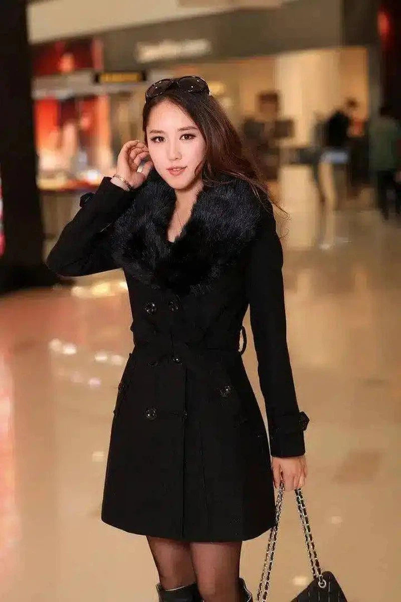 Mid-length Winter Coat With Woolen Collar And-Black-3