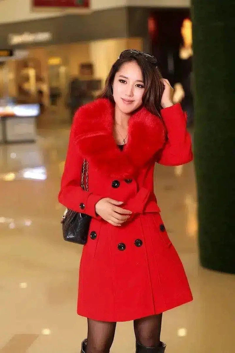 Mid-length Winter Coat With Woolen Collar And-Red-4