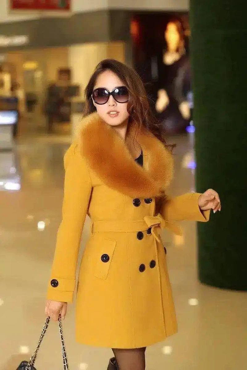 Mid-length Winter Coat With Woolen Collar And-Yellow-5