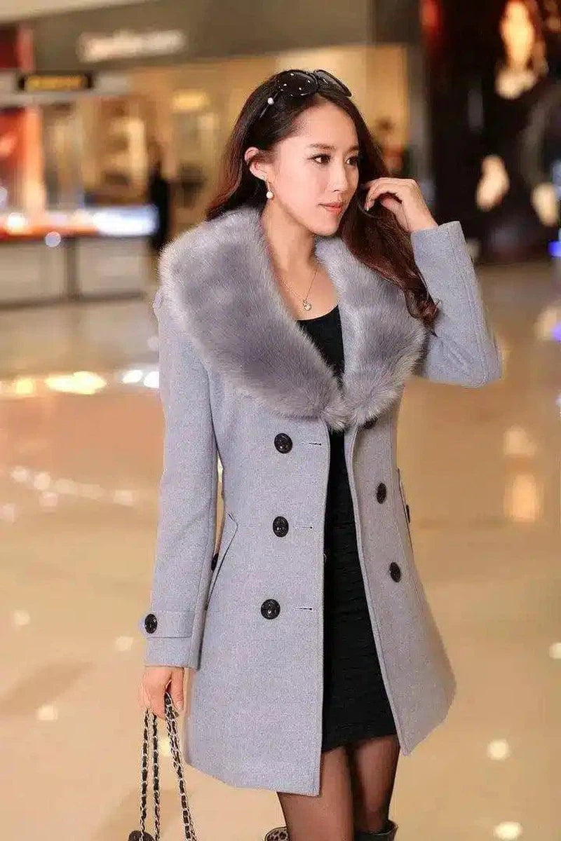 Mid-length Winter Coat With Woolen Collar And-Gray-6